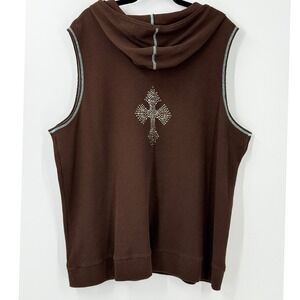Quacker Factory Brown Waffle Vest womens sz 3X Rhinestone Cross Zip Hoodie bling